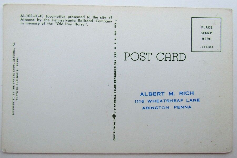 VINTAGE POSTCARD K-4S LOCOMOTIVE PENNSYLVANIA RAILROAD COMPANY train railway