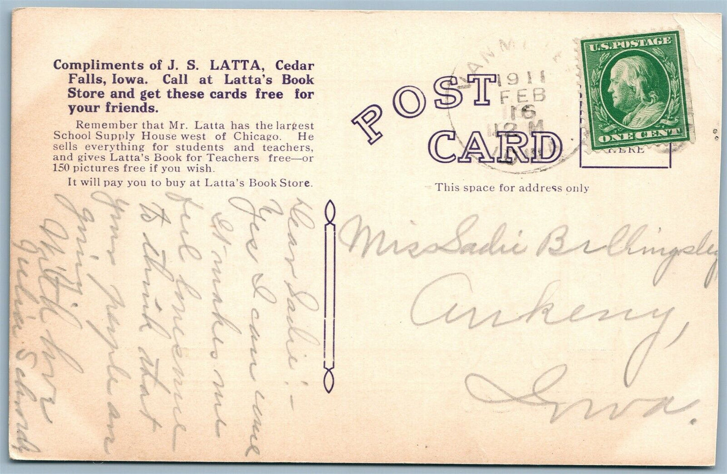 CEDAR FALLS IA LATTA'S BOOK STORE ADVERTISING 1911 ANTIQUE POSTCARD