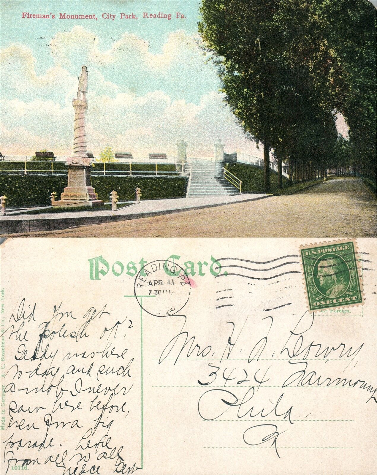 READING PA FIREMAN'S MONUMENT CITY PARK 1912 ANTIQUE POSTCARD