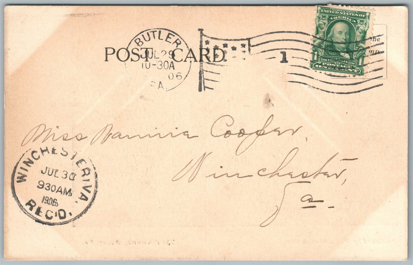 BUTLER PA DIAMOND 1906 UNDIVIDED ANTIQUE POSTCARD