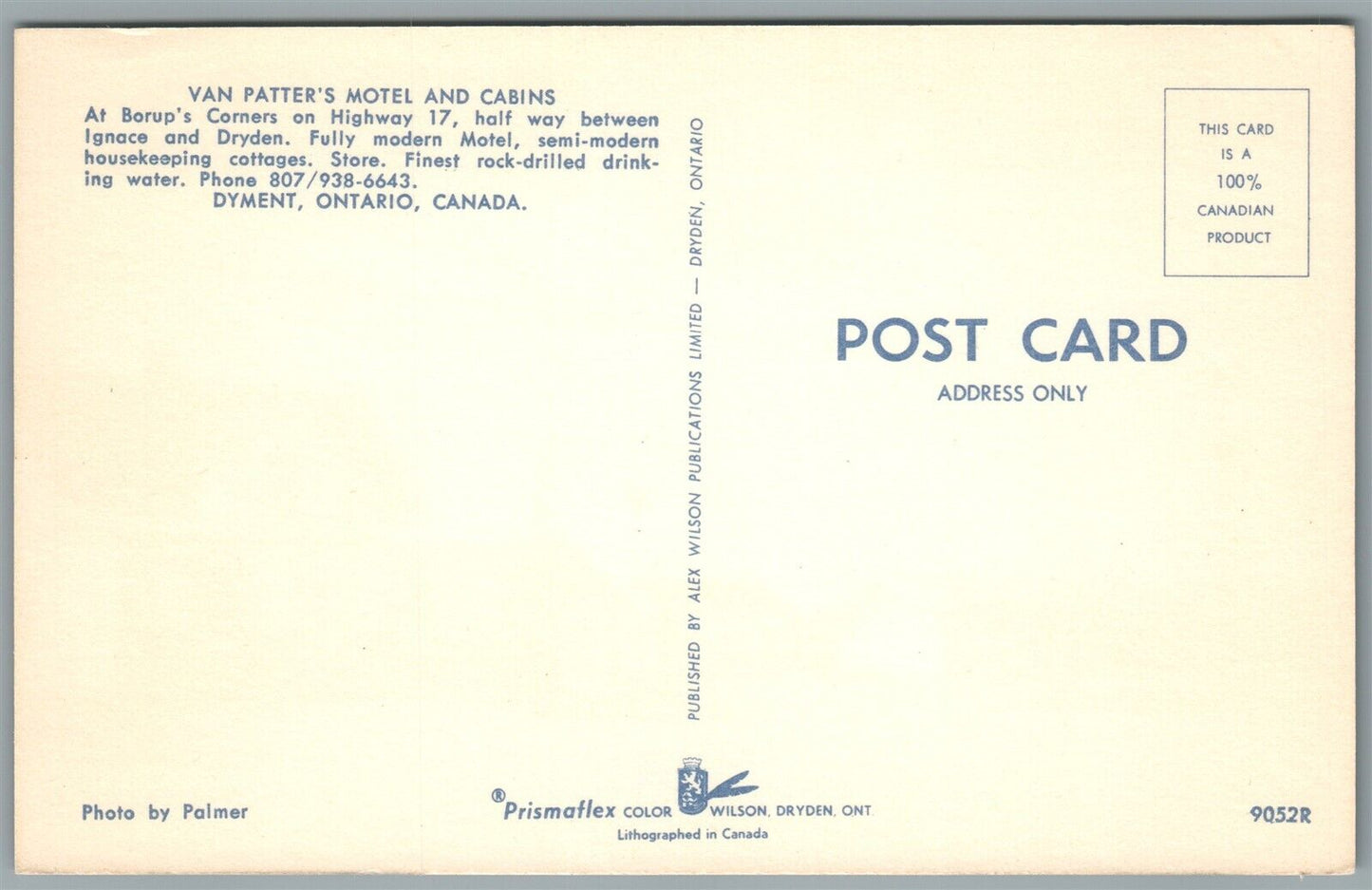 DYMENT ONT CANADA GAS STATION VAN PATTER'S MOTEL VINTAGE POSTCARD