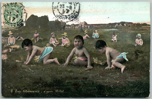 MULTIPLE BABIES IN A FIELD ANTIQUE POSTCARD
