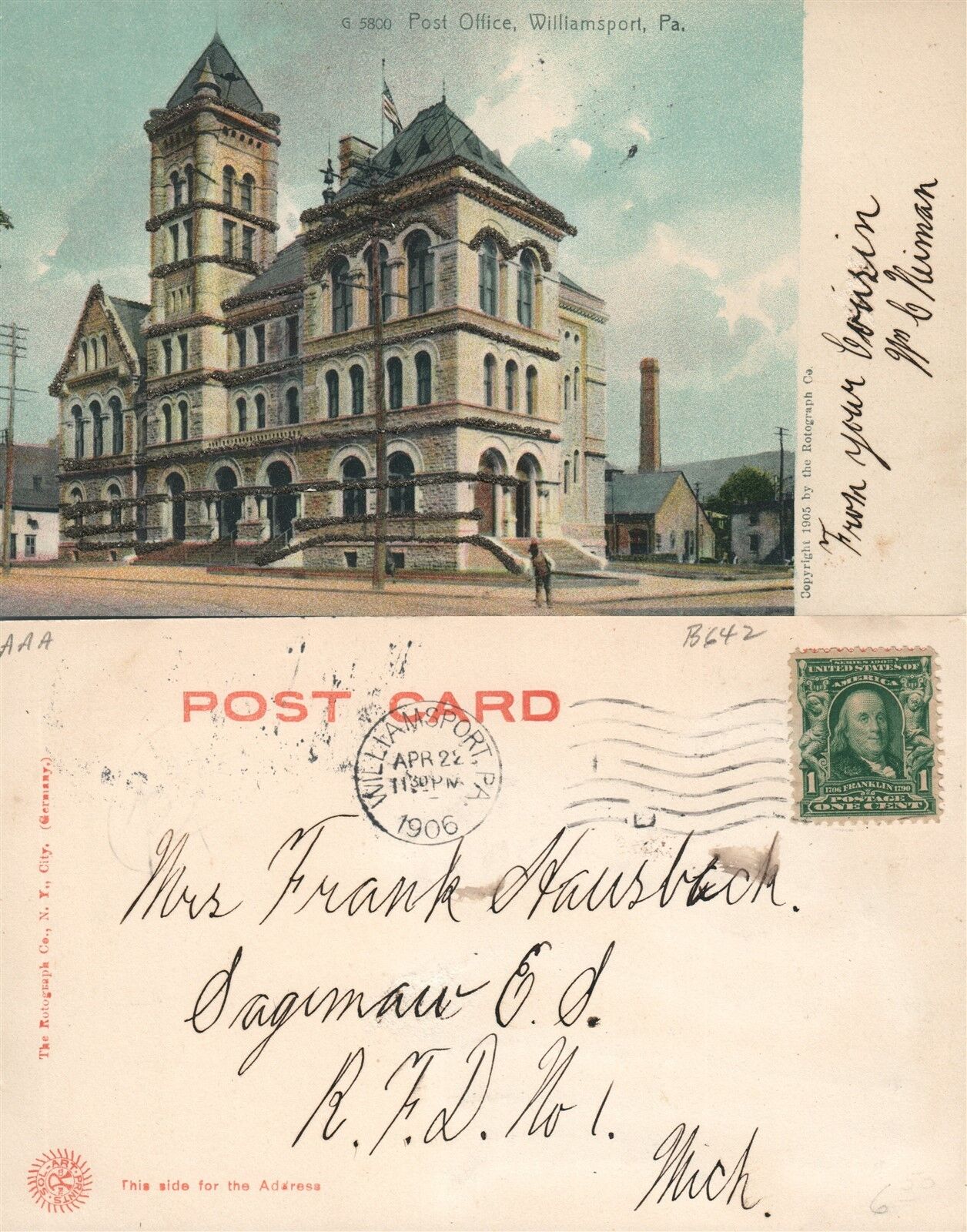 WILLIAMSPORT PA POST OFFICE 1906 UNDIVIDED ANTIQUE POSTCARD
