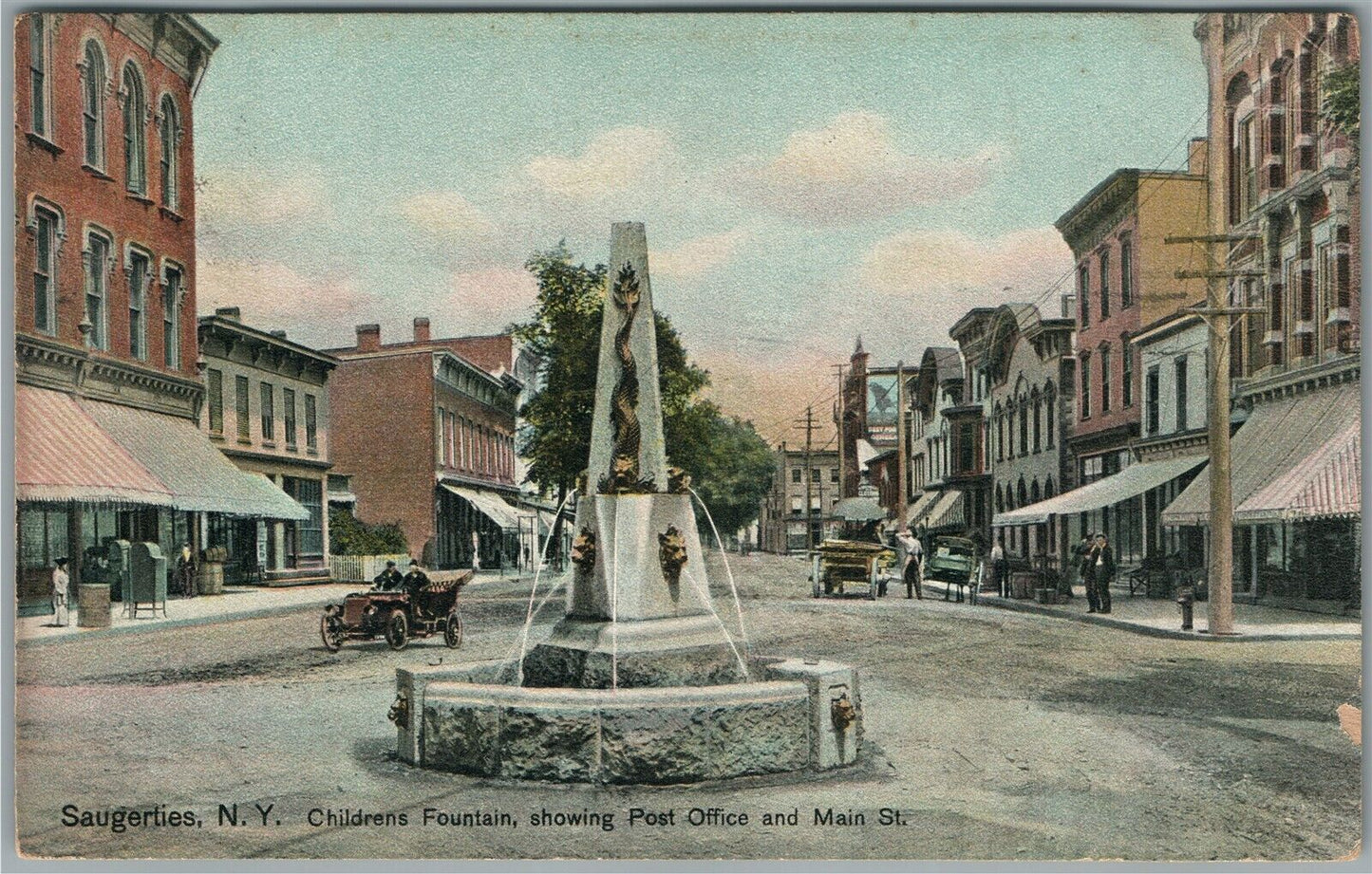 SOUGERTIES NY CHILDRENS FOUNTAIN MAIN STREET & POST OFFICE ANTIQUE POSTCARD
