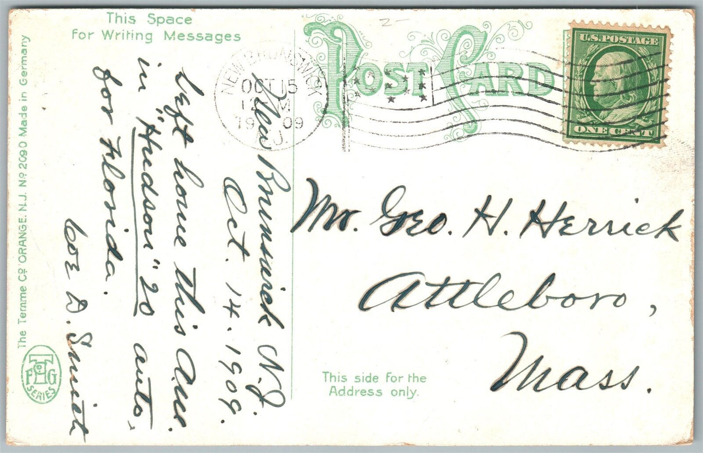 NEW BRUNSWICK NJ COLLEGE AVENUE 1909 ANTIQUE POSTCARD