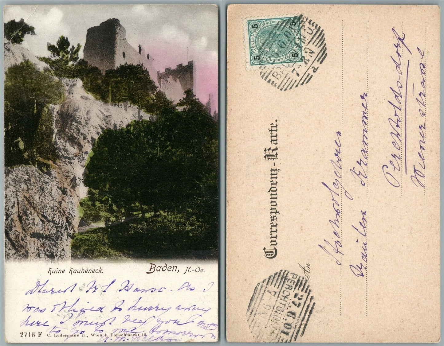 BADEN RUINE RAUHENECK CASTLE AUSTRIA 1901 ANTIQUE POSTCARD w/ stamp