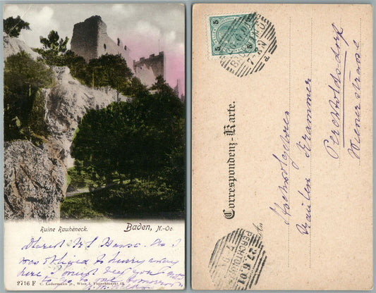 BADEN RUINE RAUHENECK CASTLE AUSTRIA 1901 ANTIQUE POSTCARD w/ stamp