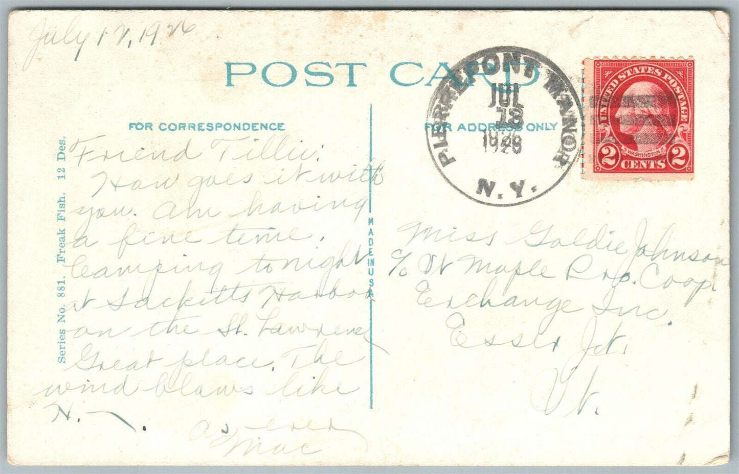 EXAGGERATED FISHING 1928 ANTIQUE POSTCARD