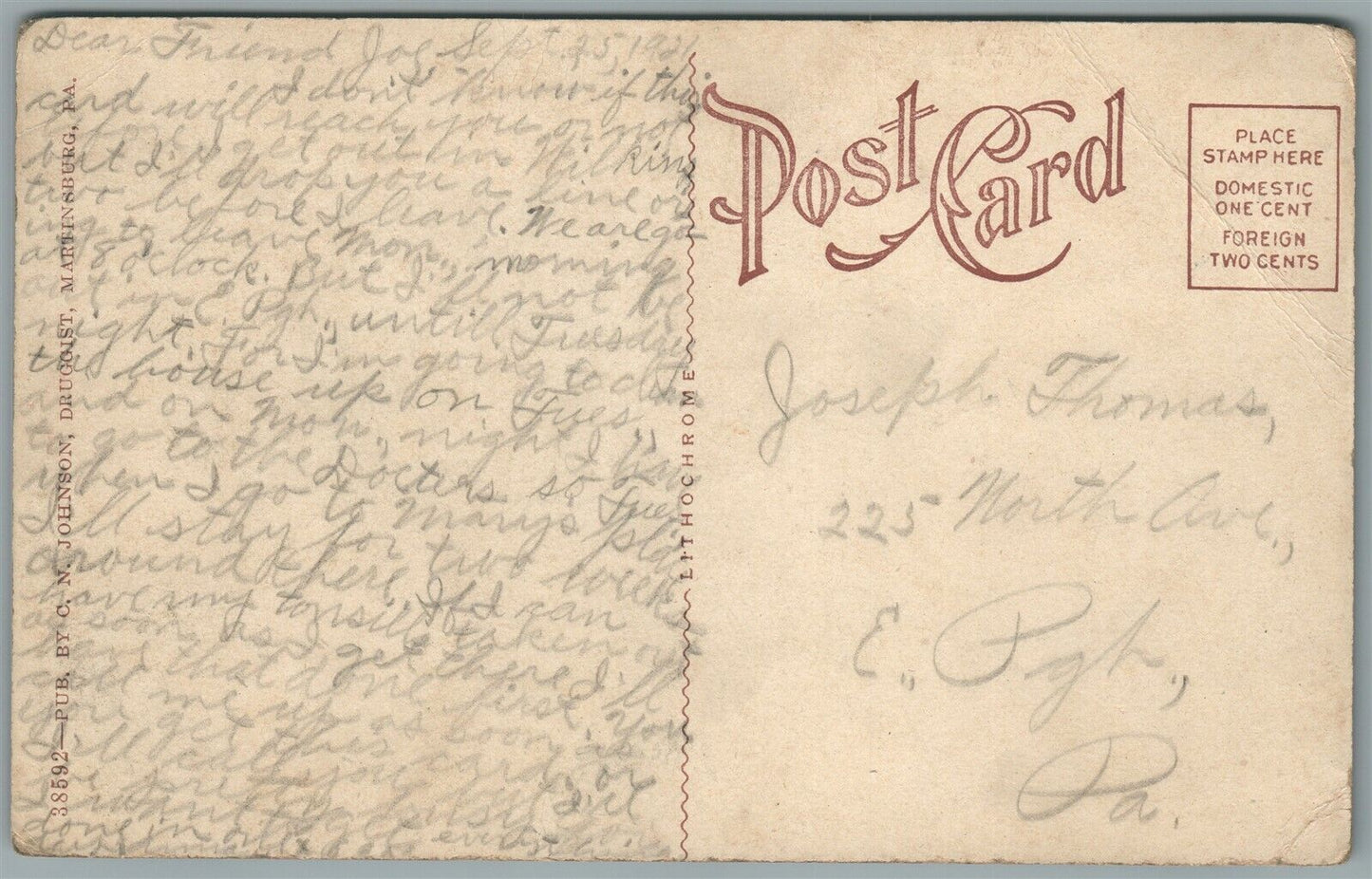 MARTINSBURG PA PRESBYTERIAN CHURCH ANTIQUE POSTCARD