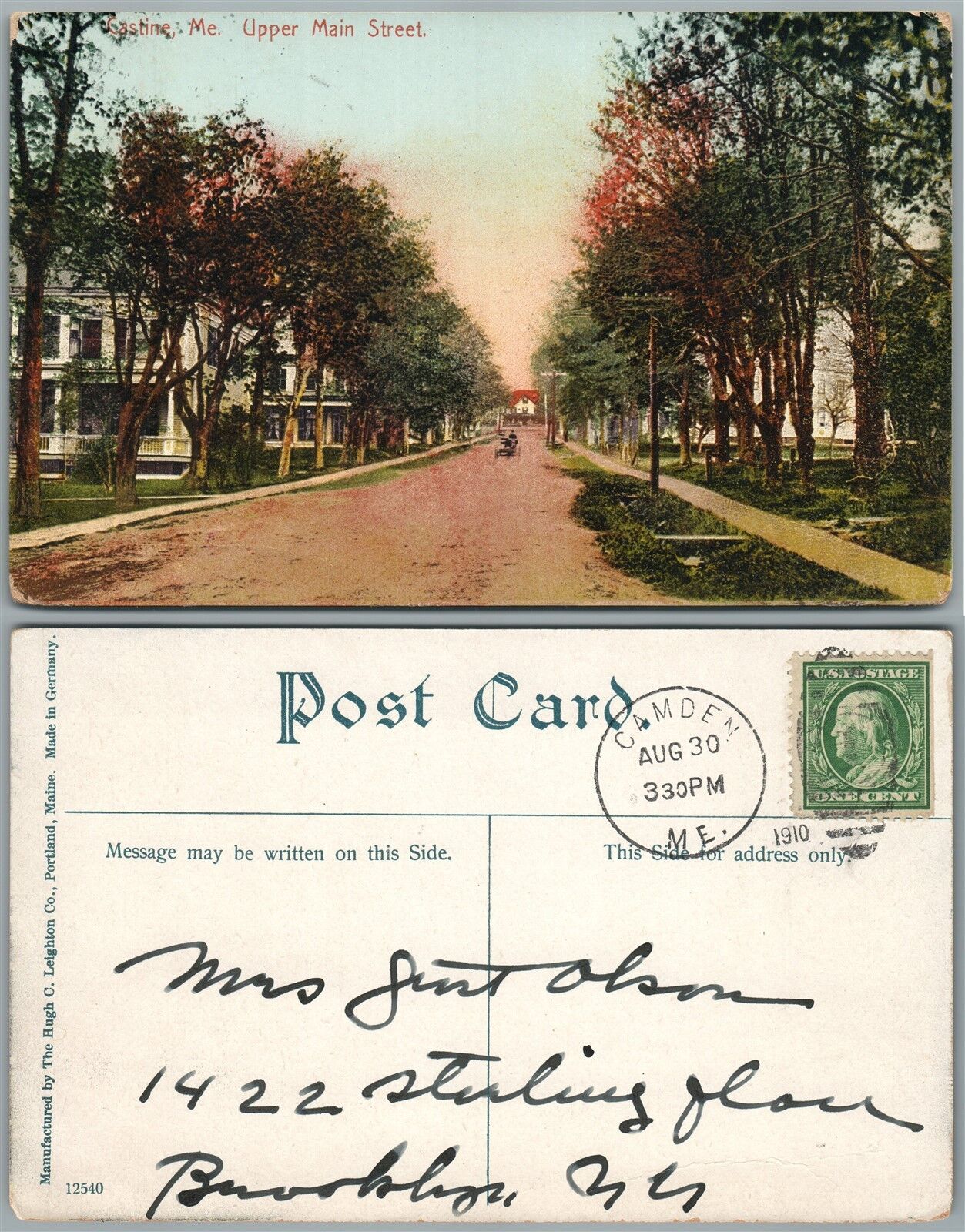 CASTINE ME UPPER MAIN STREET 1910 ANTIQUE POSTCARD w/ CORK CANCEL