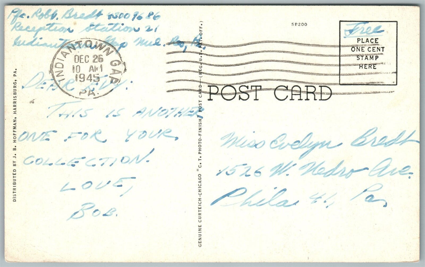 INDIANTOWN GAP PA MILITARY RESERVATION RED CROSS BUILDING 1945 VINTAGE POSTCARD