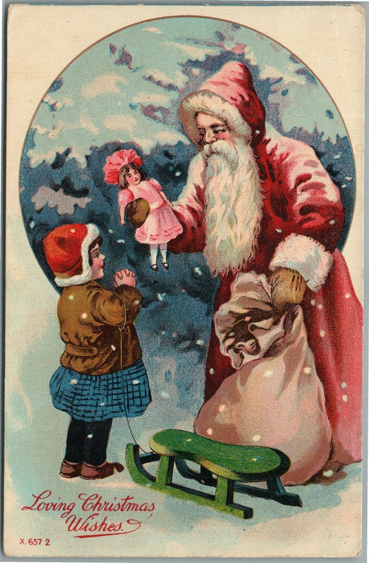 SANTA LOVING CHRISTMAS WISHES ANTIQUE POSTCARD