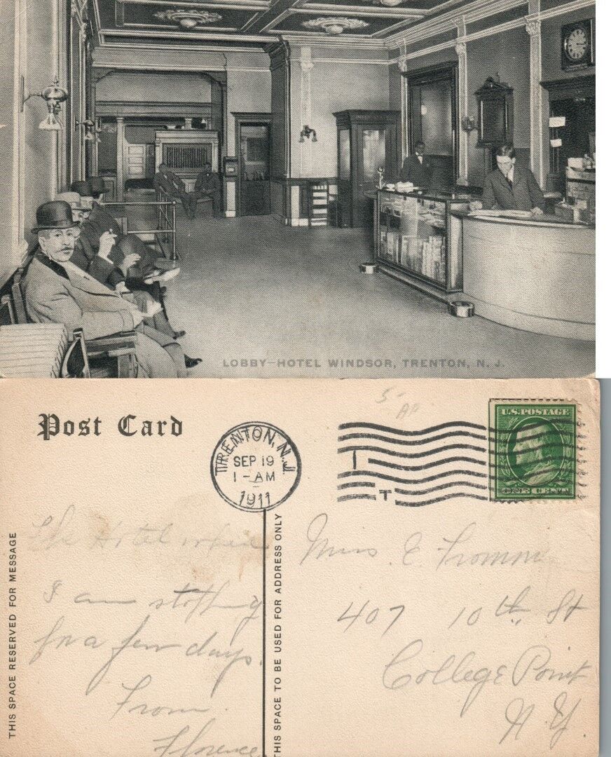 TRENTON N.J. HOTEL WINDSOR 1911 ANTIQUE POSTCARD