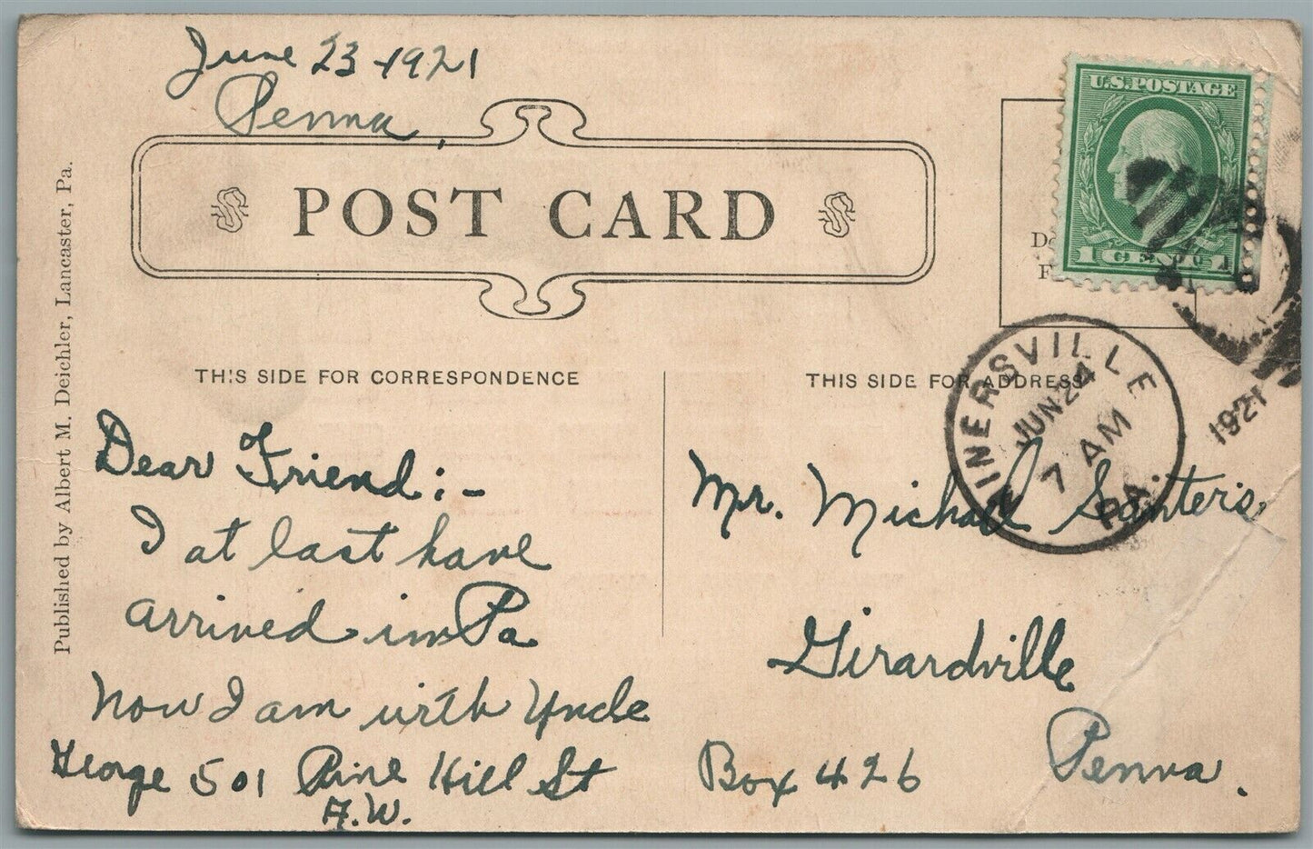 POTTSVILLE PA CENTRE & MARKET STREETS ANTIQUE POSTCARD