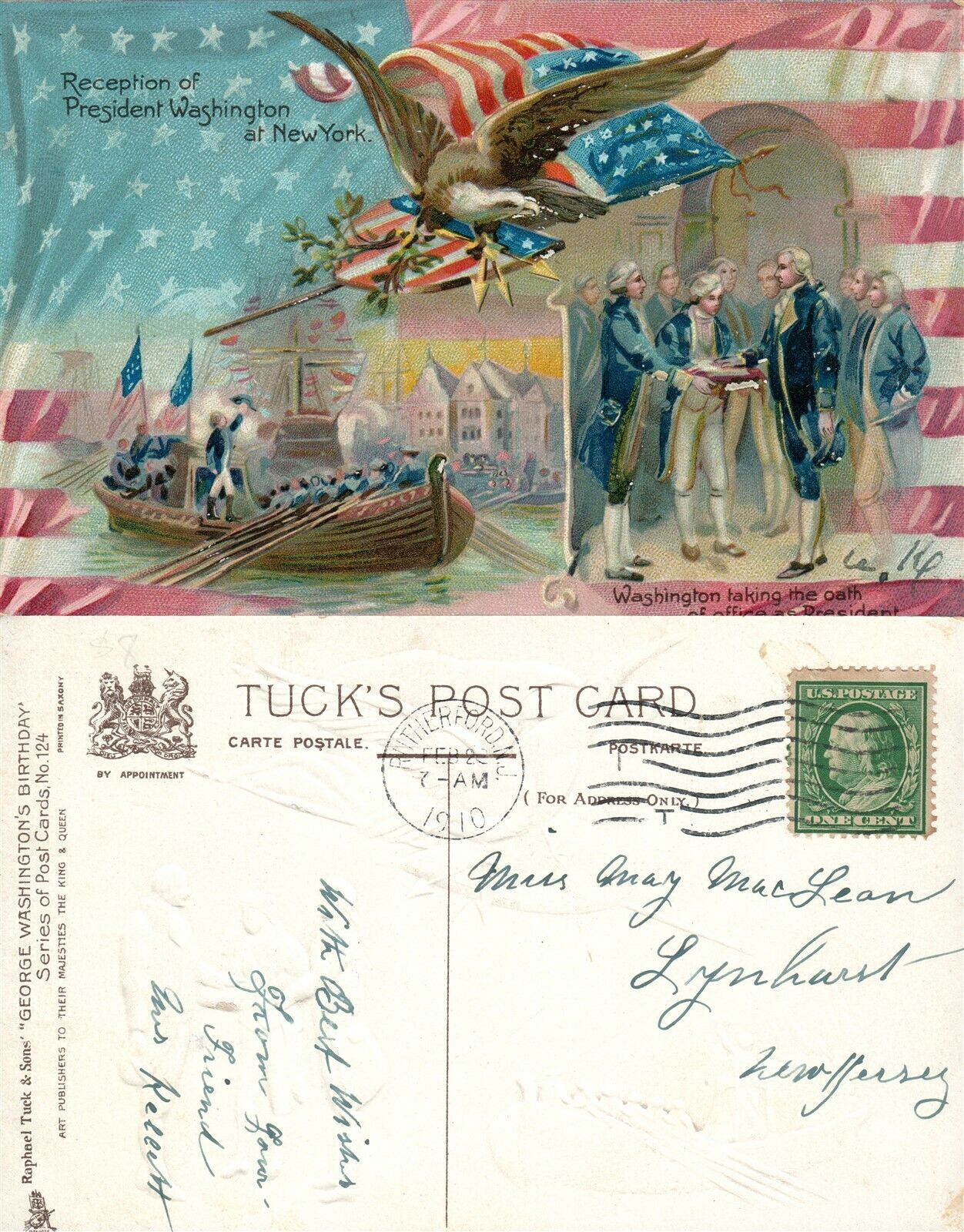 PATRIOTIC ANTIQUE 1910 EMBOSSED POSTCARD RECEPTION OF WASHINGTON IN NEW YORK