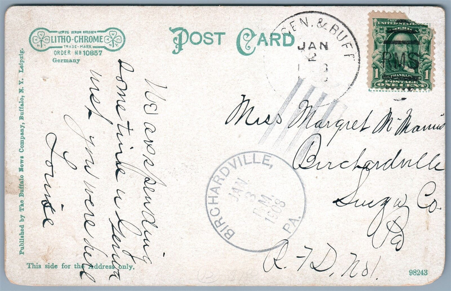 GENEVA NY EXCHANGE STREET 1908 UNDIVIDED ANTIQUE POSTCARD