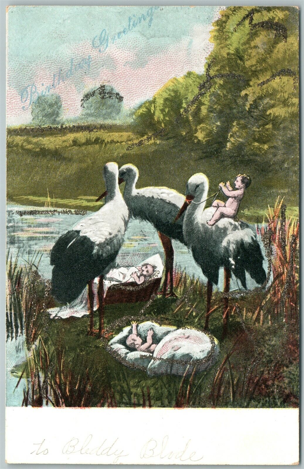 MULTIPLE BABIES w/ STORKS ANTIQUE POSTCARD