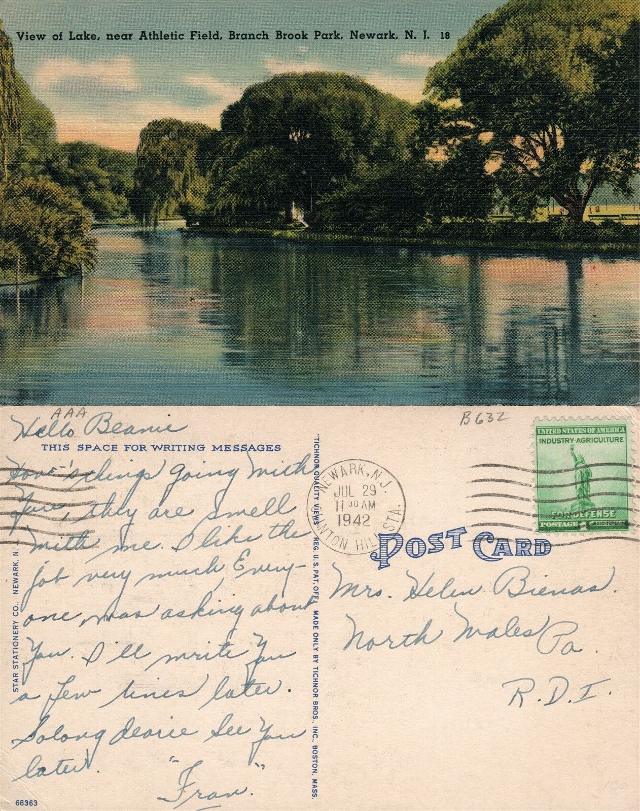 NEWARK N.J. BRANCH BROOK PARK LAKE NEAR ATHLETIC FIELD 1942 VINTAGE POSTCARD