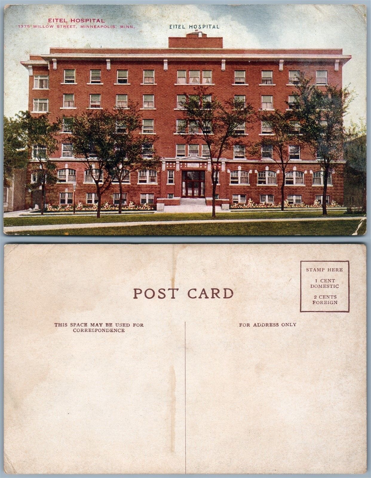 MINNEAPOLIS MN WILLOW STREET EITEL HOSPITAL ANTIQUE POSTCARD