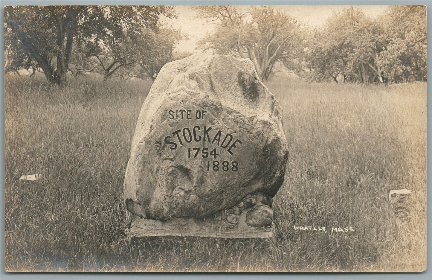 WHATELY MA SITE OF STOCKADE 1754-1888 SIGN ANTIQUE REAL PHOTO POSTCARD RPPC