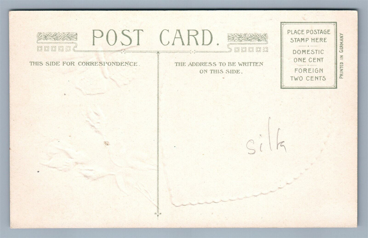 VALENTINE EMBOSSED ANTIQUE POSTCARD COUPLE w/ BUTTERFLY ON SILK