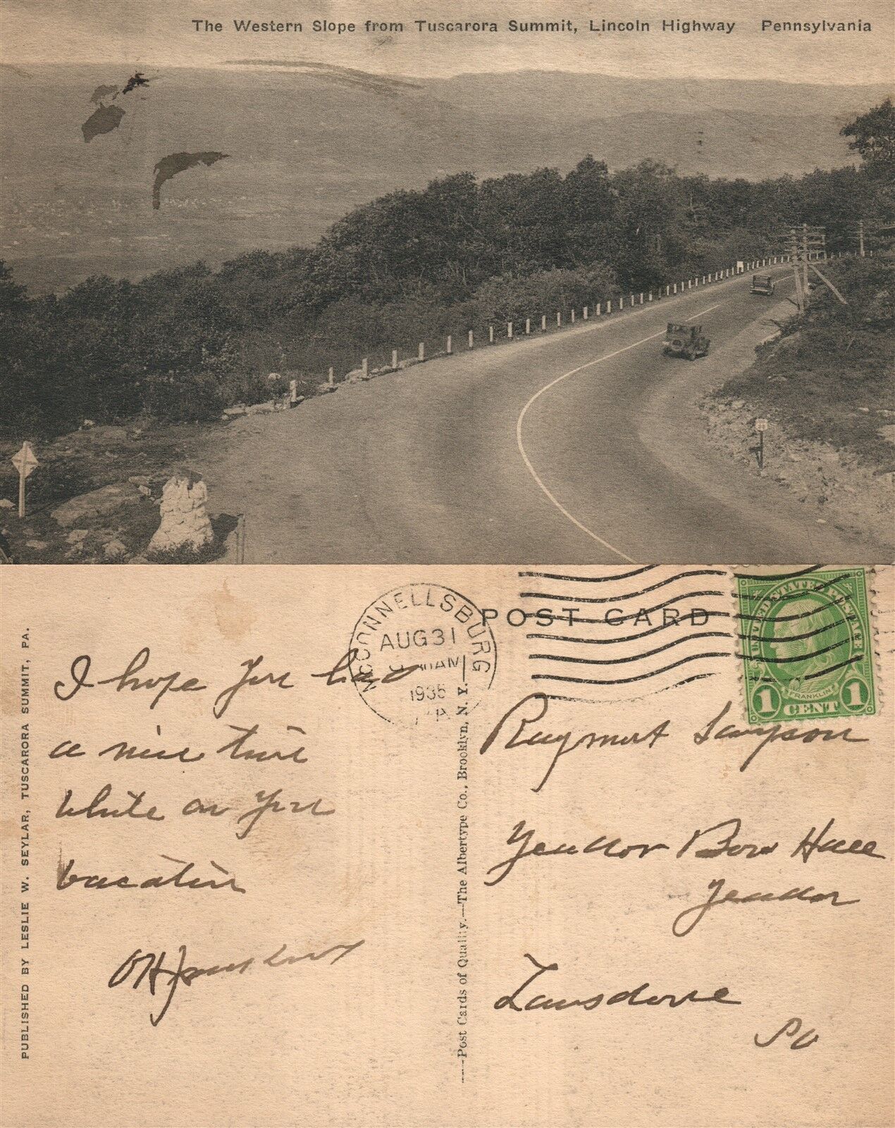 LINCOLN HIGHWAY WESTERN SLOPE FROM TUSCARORA SUMMIT PA 1935 VINTAGE POSTCARD