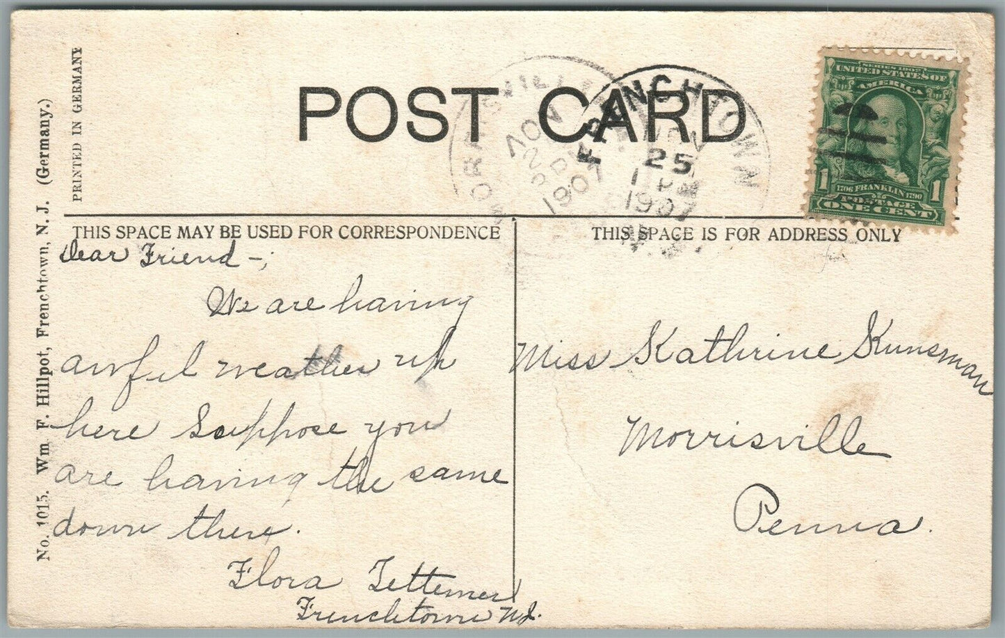 FRENCHTOWN NJ MILFORD ROAD 1907 ANTIQUE POSTCARD