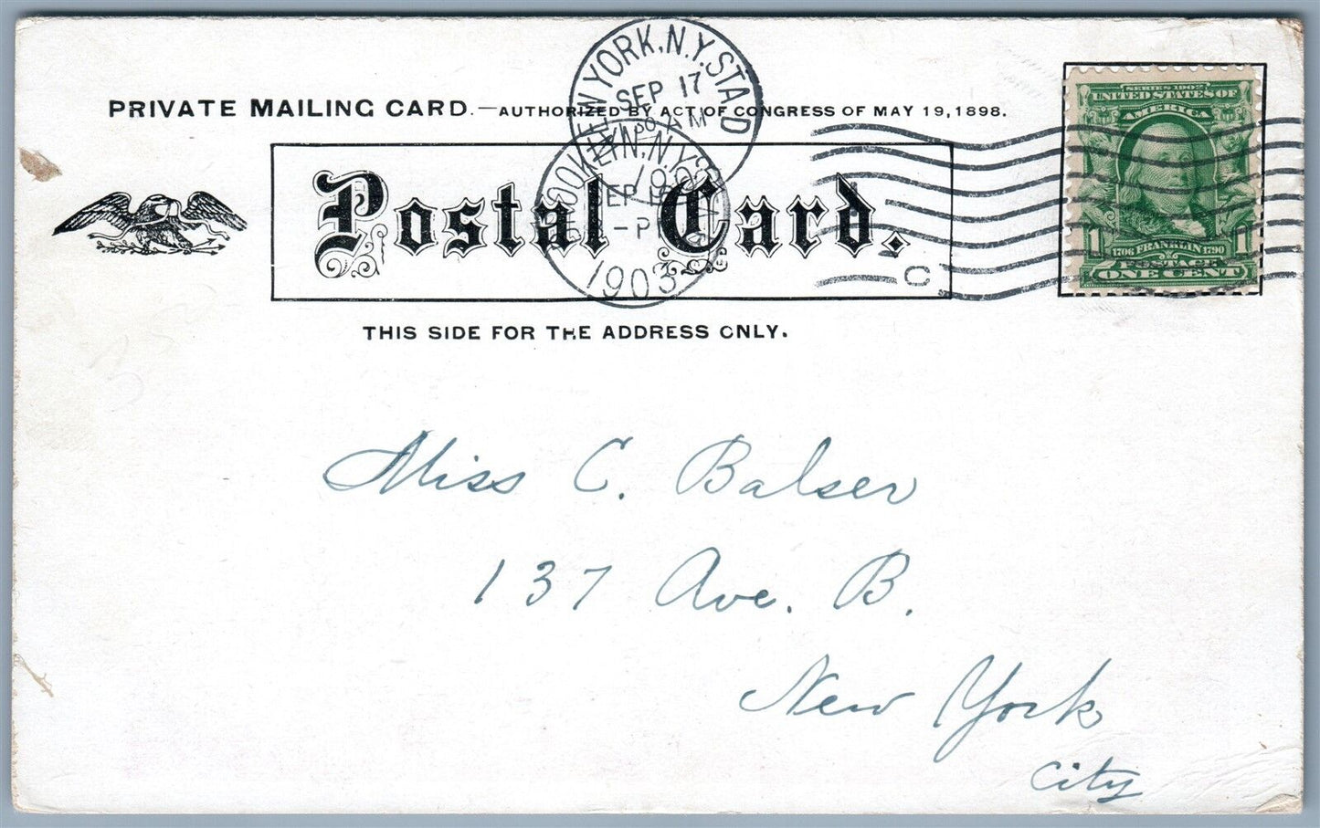 JEFFERSONVILLE NY 1903 UNDIVIED ANTIQUE POSTCARD