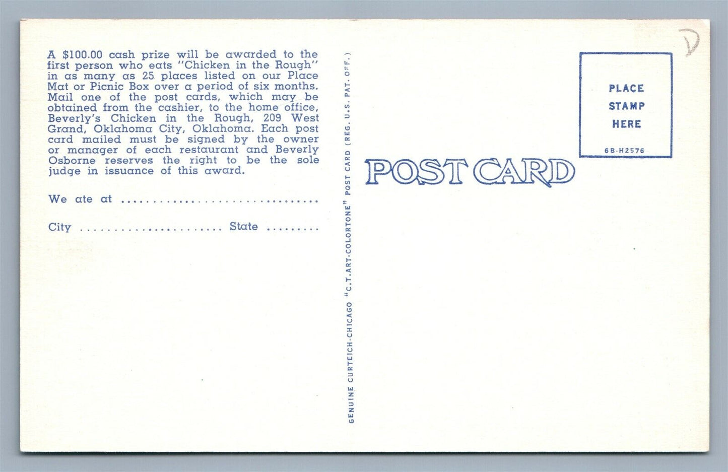 OKLAHOMA CITY OK BEVERLY'S CHICKEN RESTAURANT ADVERTISING VINTAGE POSTCARD