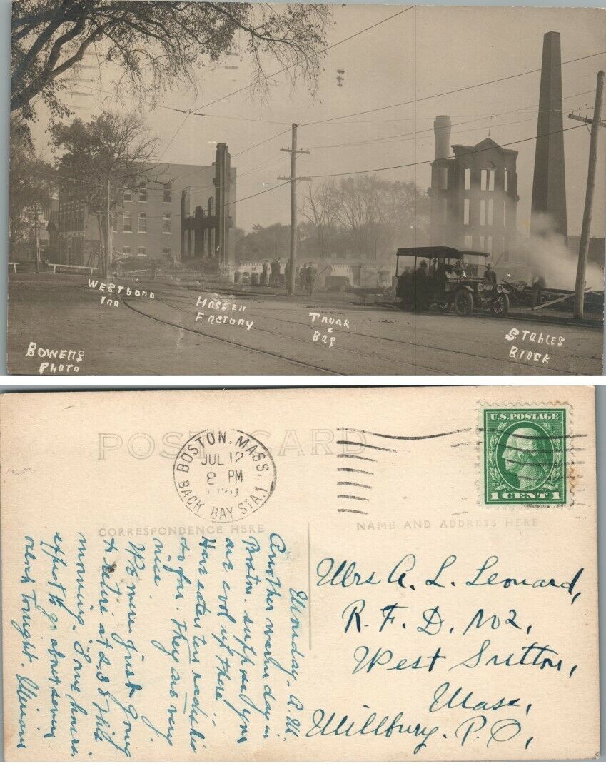 BOSTON MA STREET SCENE w/ CAR RPPC ANTIQUE REAL PHOTO POSTCARD railroad tracks