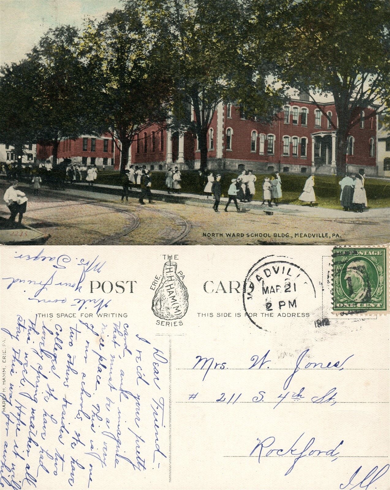 MEADVILLE PA NORTH WARD SCHOOL BUILDING 1912 ANTIQUE POSTCARD