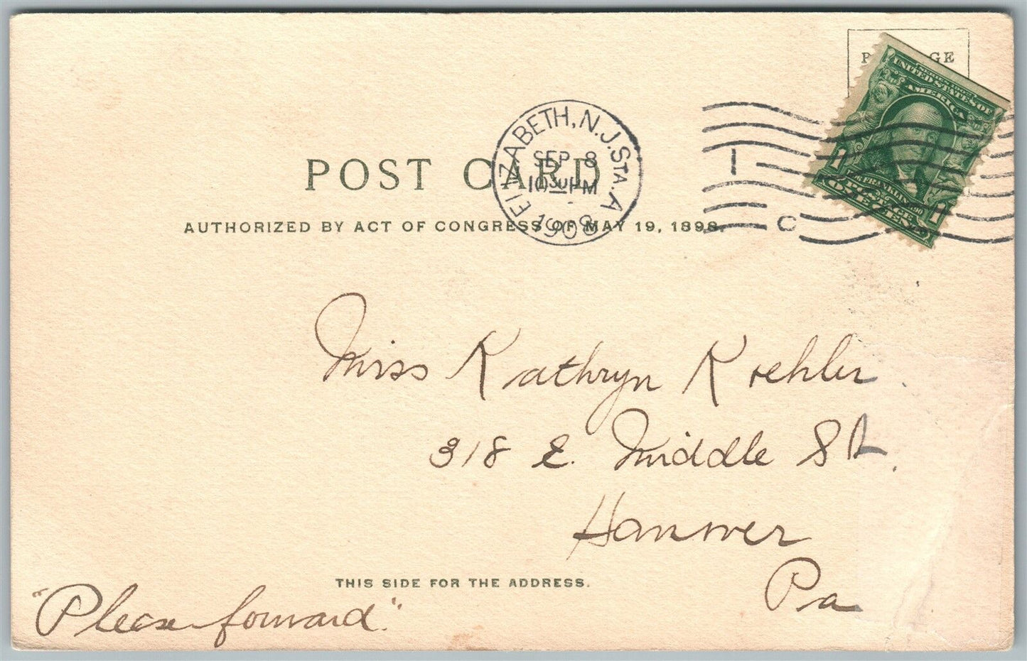 ELIZABETH NJ WEST GRAND STREET 1908 UNDIVIDED ANTIQUE POSTCARD