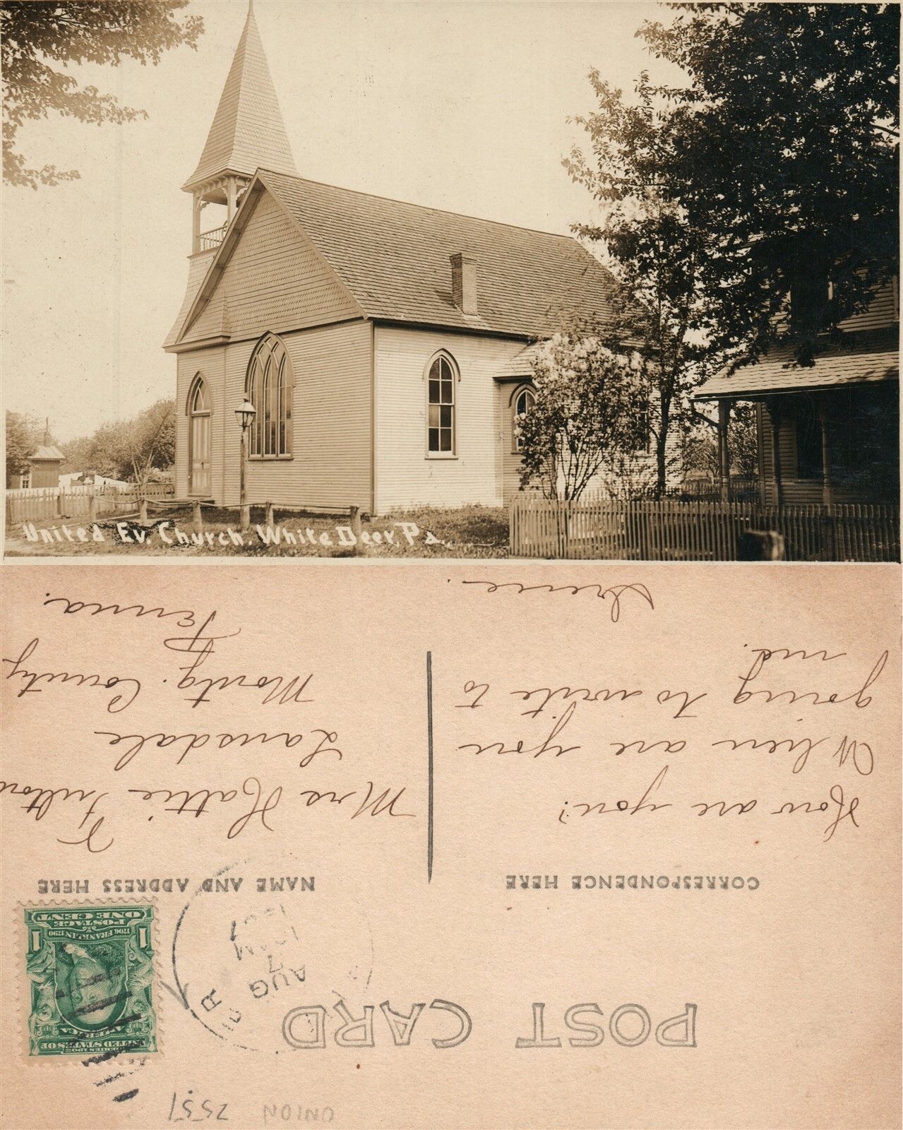 WHITE DEER PA UNITED EV. CHURCH 1907 ANTIQUE REAL PHOTO POSTCARD RPPC