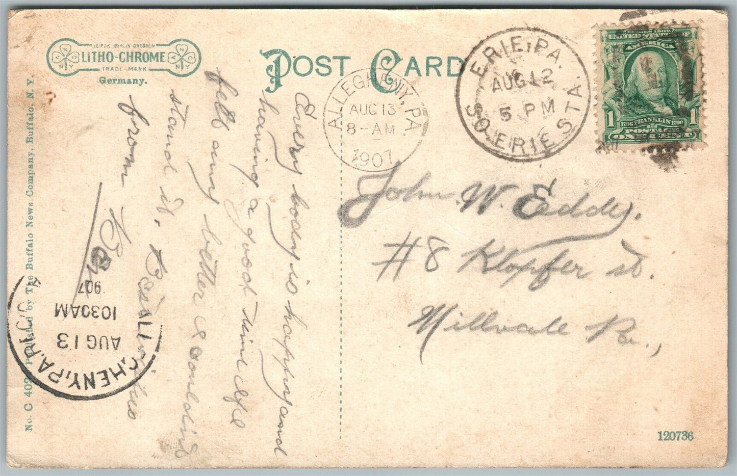 ERIE PA STATE STREET 1907 ANTIQUE POSTCARD