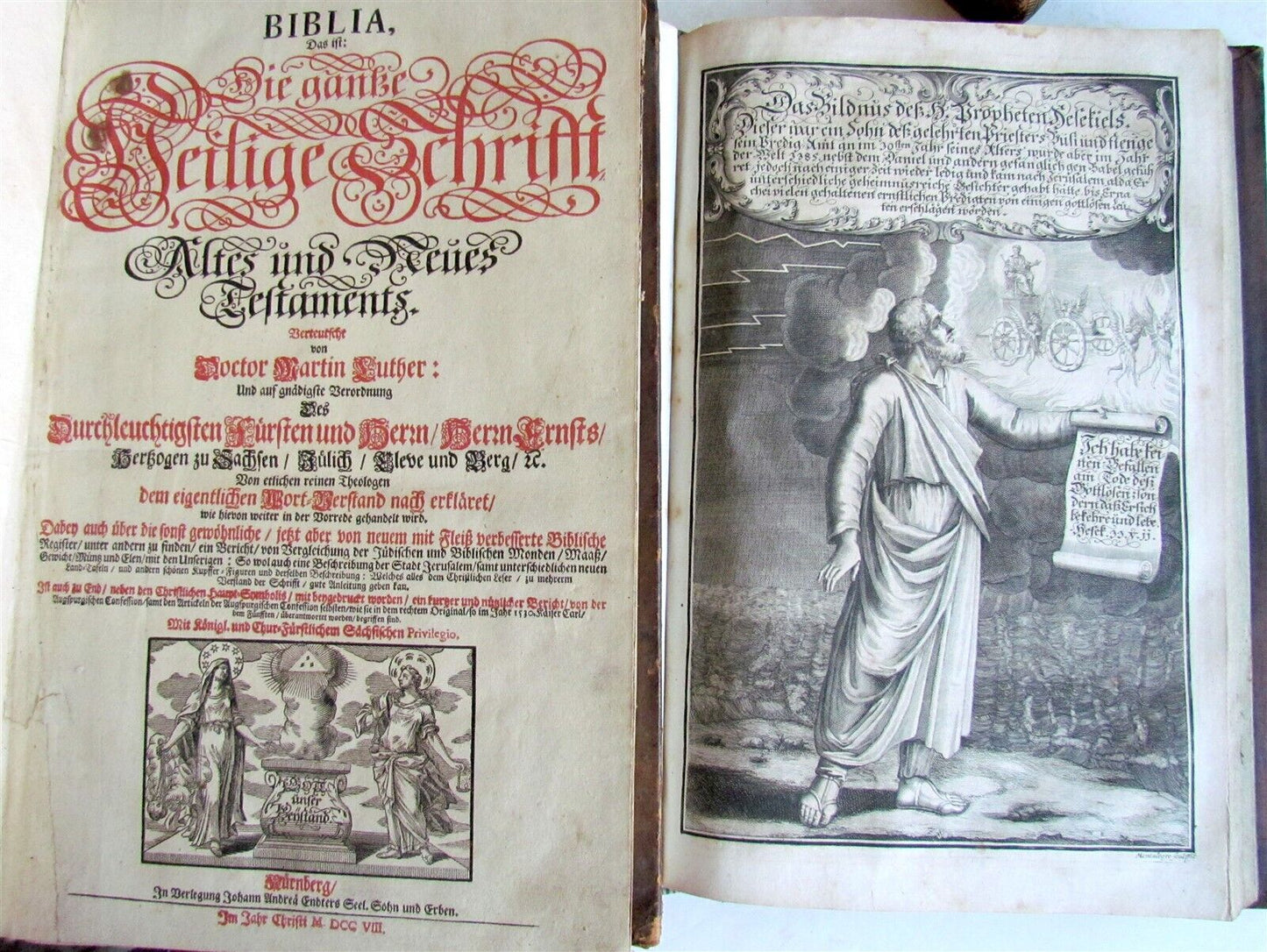 1708 BIBLE in GERMAN 3 MASSIVE FOLIO VOLUMES MARTIN LUTHER ILLUSTRATED antique