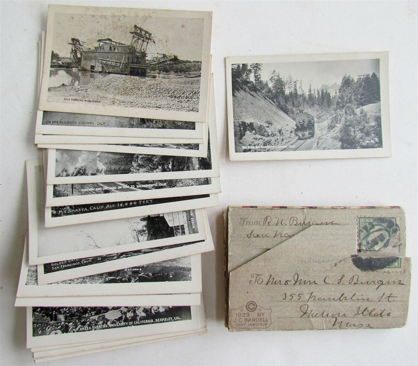 CALIFORNIA 1923 20 VIEWS ANTIQUE MINIATURE PHOTOS w/ FOLDER by J.C. BARDELL