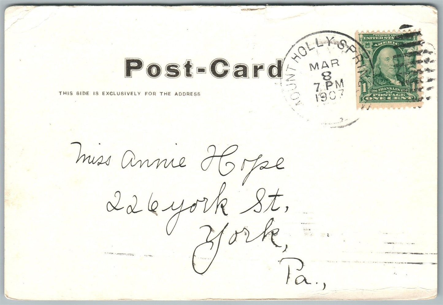 MT.HOLLY SPRINGS HOLLY GAP PARK 1907 UNDIVIDED ANTIQUE POSTCARD w/ CORK STAMP