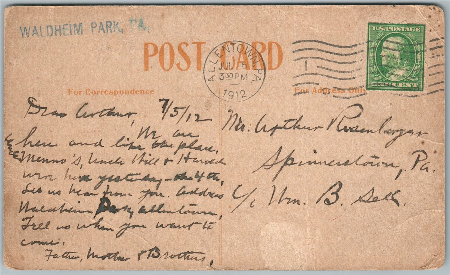 WALDHEIM PARK PA COTTAGES 1912 ANTIQUE POSTCARD