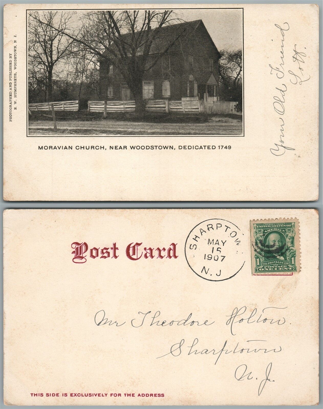 WOODSTOWN N.J. MORAVIAN CHURCH 1907 UNDIVIDED ANTIQUE POSTCARD