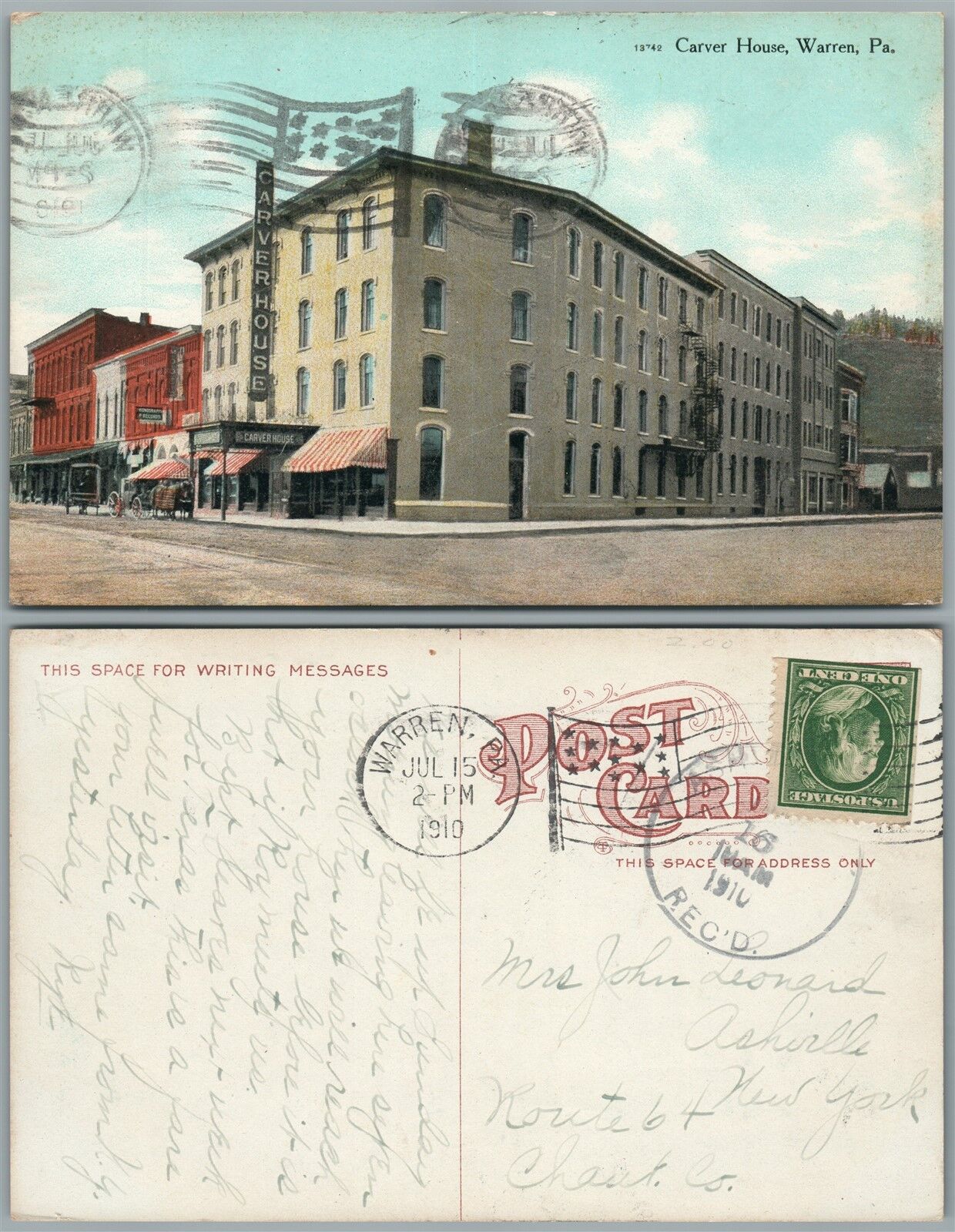 WARREN PA CARVER HOUSE 1910 ANTIQUE POSTCARD