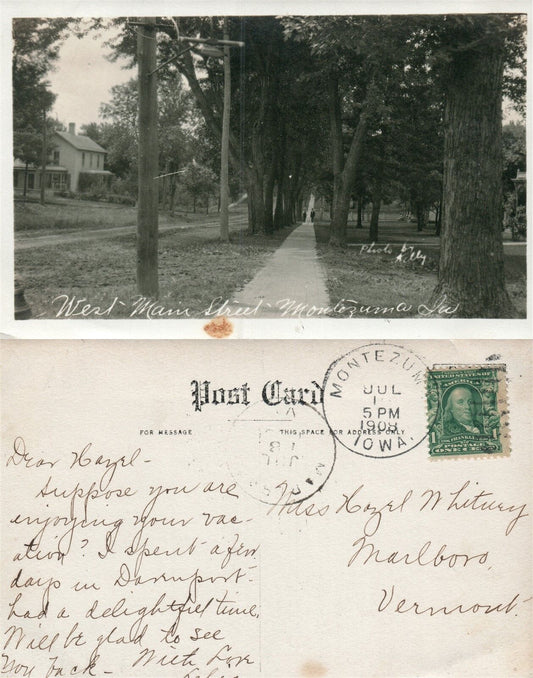 MONTEZUMA IA WEST MAIN STREET REAL PHOTO ANTIQUE 1908 POSTCARD RPPC