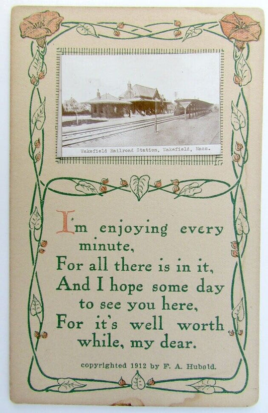 VINTAGE 1912 POSTCARD WAKEFIELD MA RAILROAD STATION railway train depot