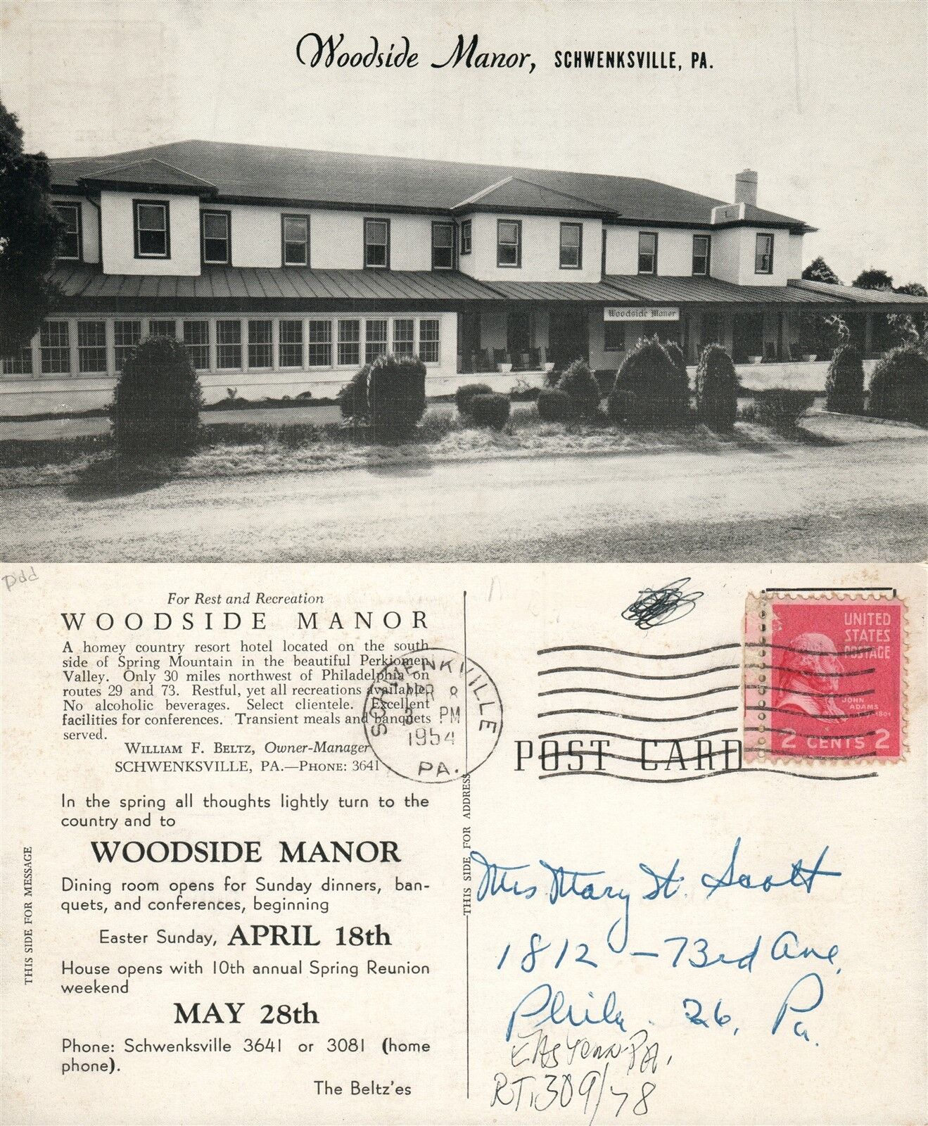 SCHWENKSVILLE PA PERKIOMEN VALLEY PA WOODSIDE MANOR HOTEL 1954 VINTAGE POSTCARD
