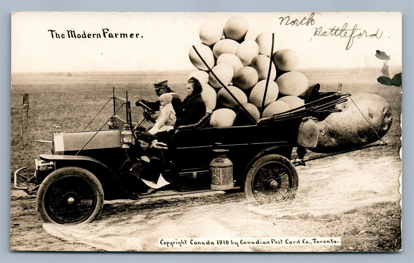 EXAGGERATED POTATO in CAR MODERN FARMER CANADA ANTIQUE REAL PHOTO POSTCARD RPPC