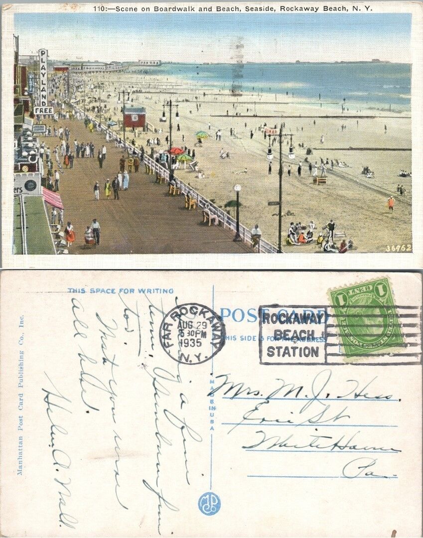 BOARDWALK & BEACH SEASIDE ROCKAWAY BEACH LONG ISLAND N.Y. 1935 VINTAGE POSTCARD