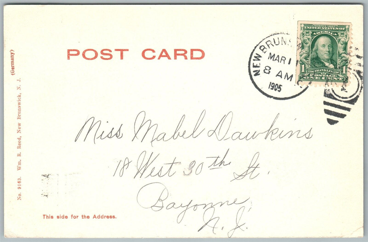 NEW BRUNSWICK NJ LIVINGSTON AVE. UNDIVIDED 1905 ANTIQUE POSTCARD w/ CORK CANCEL