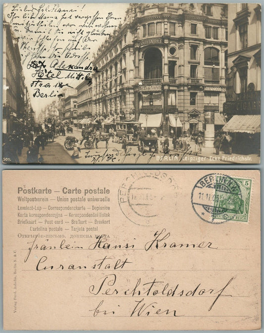 BERLIN GERMANY LEIPZIGER-ECKE FRIEDRICHSTR. ANTIQUE PHOTO POSTCARD w/ STAMP RPPC