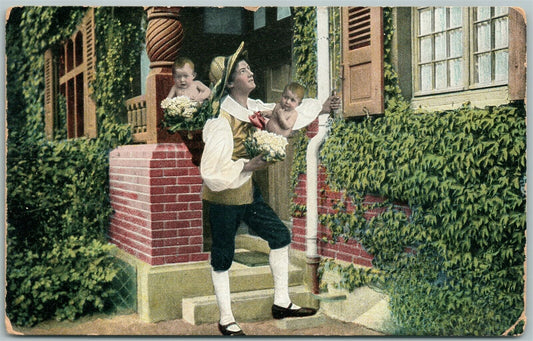MULTIPLE BABIES w/ FLOWERS DELIVERY ANTIQUE POSTCARD