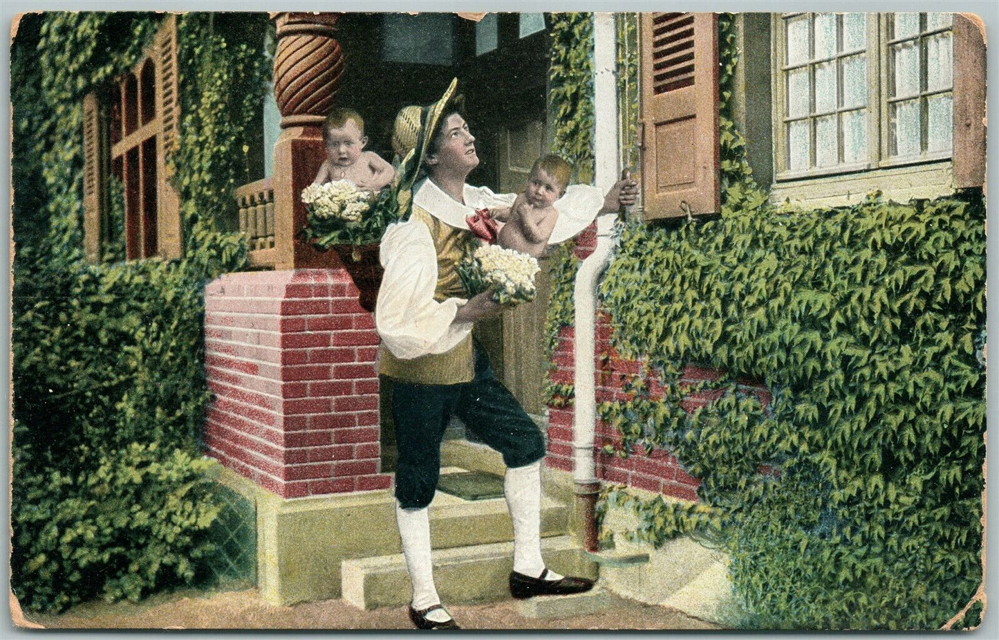 MULTIPLE BABIES w/ FLOWERS DELIVERY ANTIQUE POSTCARD