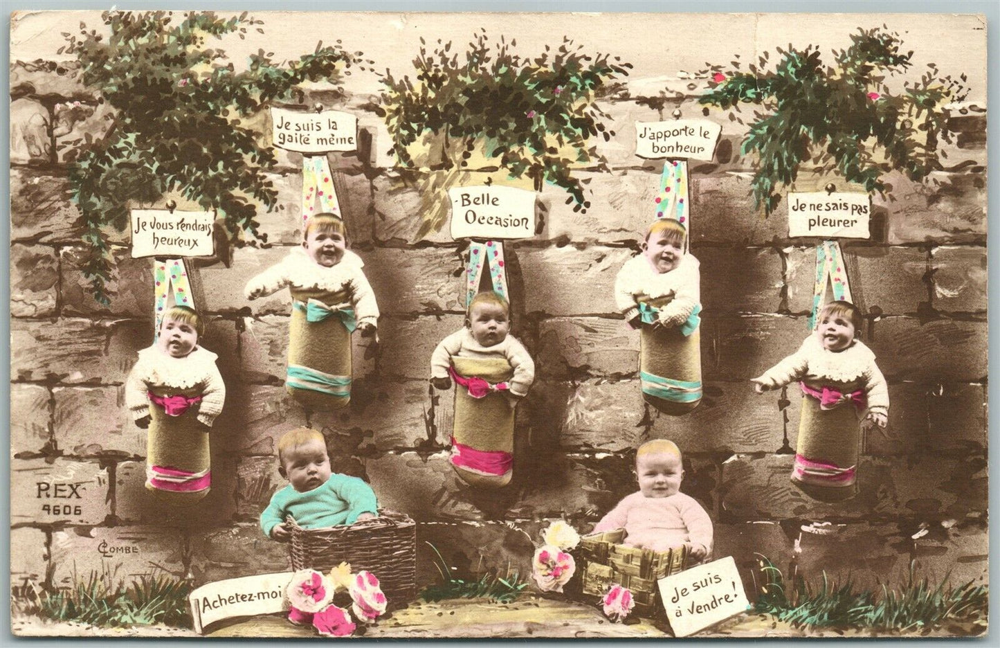 MULTIPLE BABIES HANGING AT THE WALL ANTIQUE POSTCARD